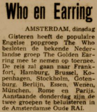 Telegraaf newspaper annoucement Golden Earring and Who August 17, 1972 show